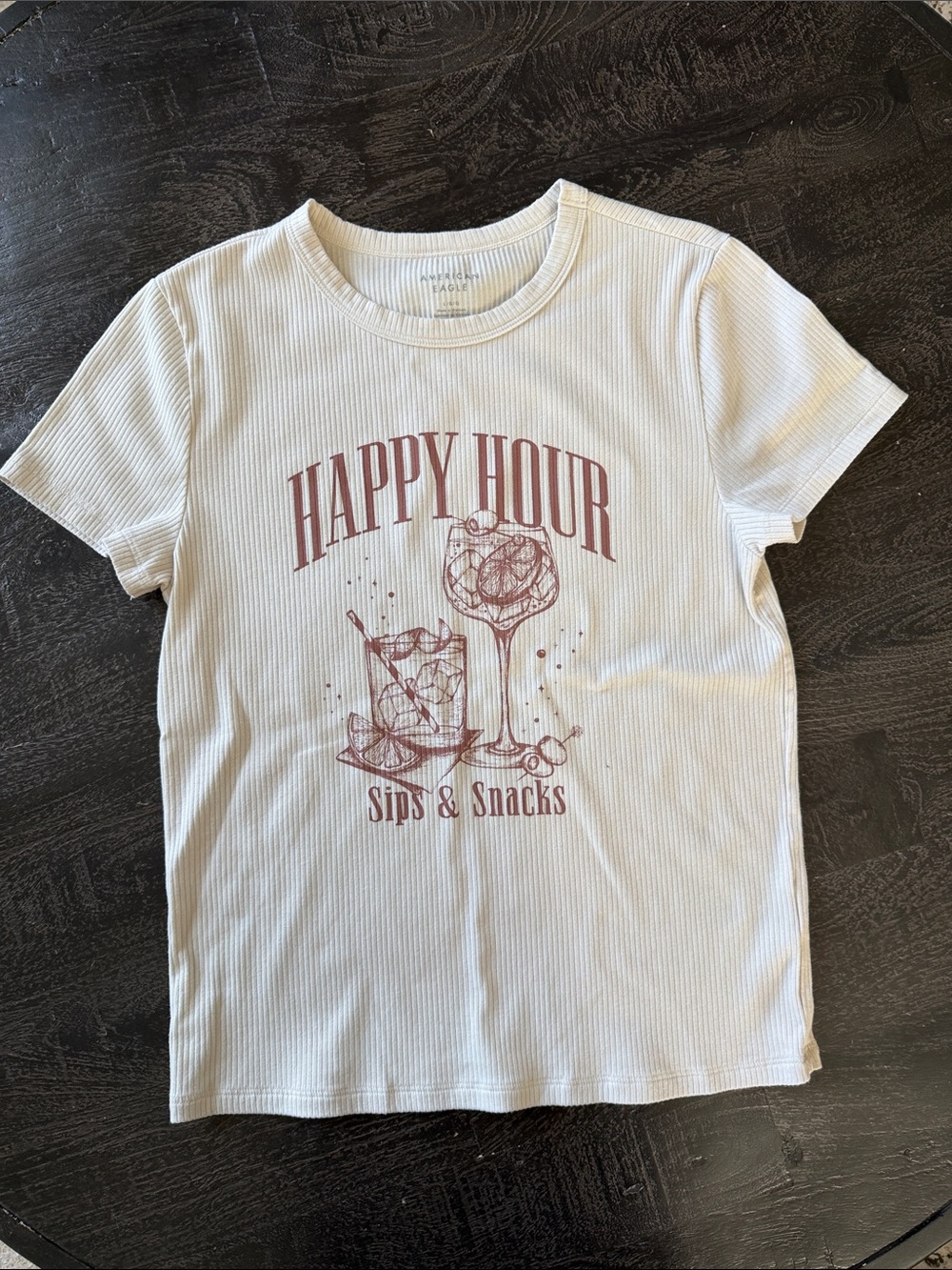 American Eagle Outfitters White Ribbed 'Happy Hour' Graphic Tee with Mauve Print
